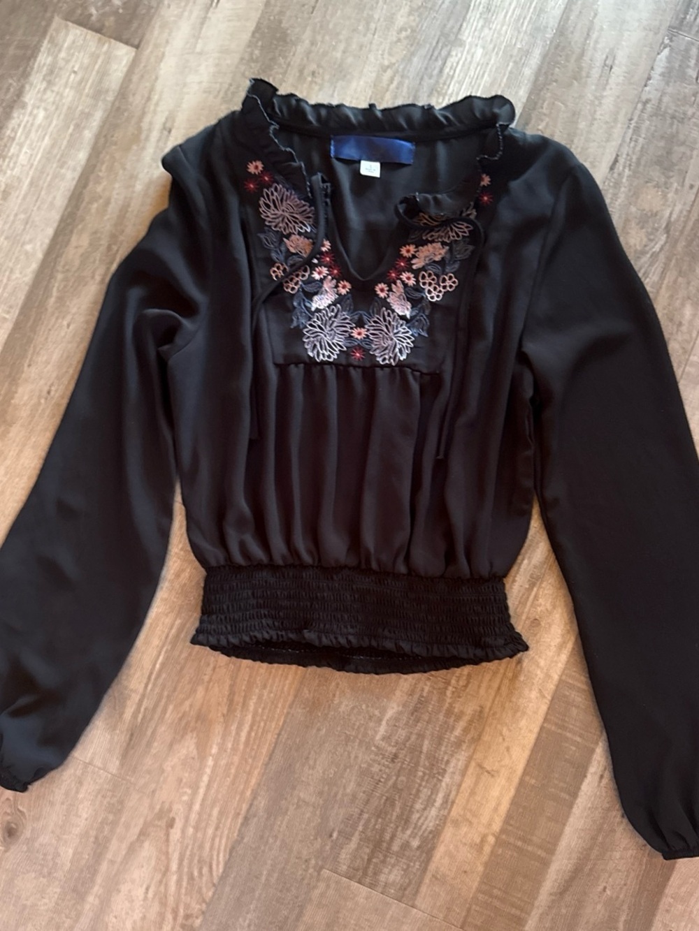 Blue Rain Black Floral Embroidered Long-Sleeve Blouse size S